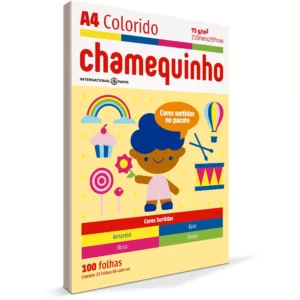 Papel Sulfite Chamequinho A4 75g com 4 Cores (Amarelo, Azul, Rosa e Verde)