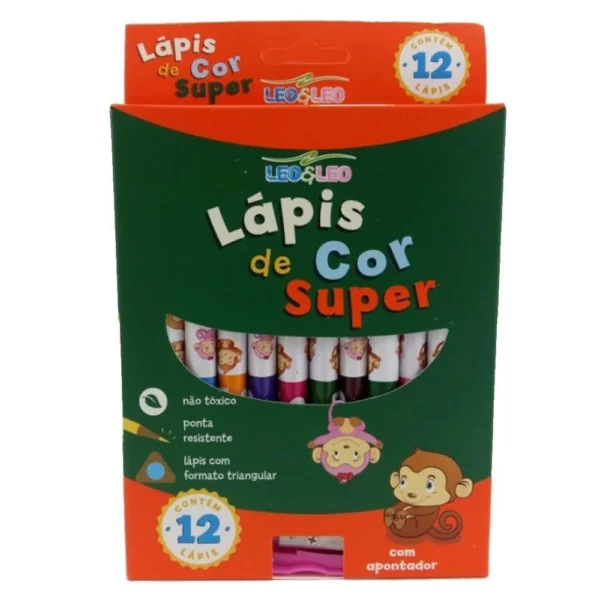 Lápis de Cor Triangular Super 12 Cores com 1 Apontador- Leo&Leo