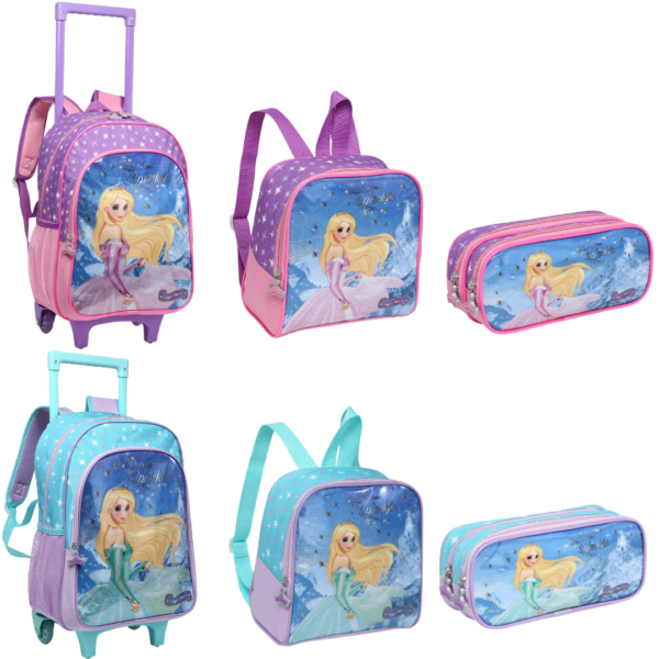 Kit Mochila de Rodinhas/Lancheira/Estojo e Garrafa Magic Princess- Nova Rio