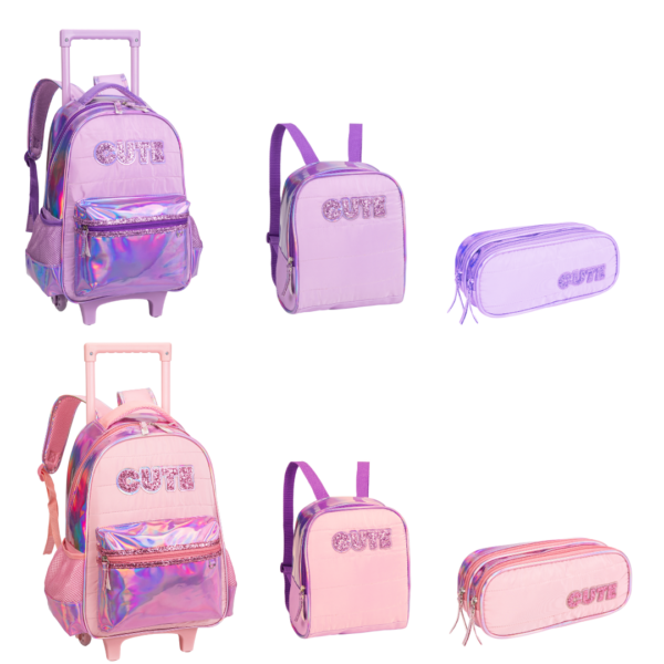 Kit Mochila de Rodinhas/Lancheira/Estojo Cute- Nova Rio