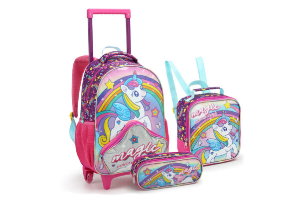 Kit Mochila de Rodinhas/Estojo e Lancheira Magic Unicórnio Seanite