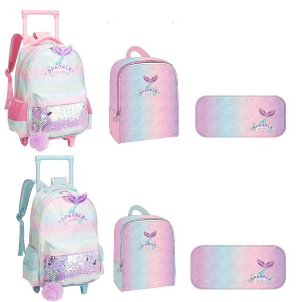 Kit Mochila de Rodinhas/Lancheira/Estojo Sereia Sparkle- Nova Rio