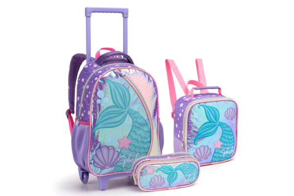 Kit Mochila de Rodinhas/Estojo e Lancheira Sereia Splash- Seanite