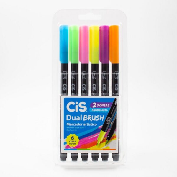 Caneta Dual Brush Neon Aquarelável 6 Cores- CIS