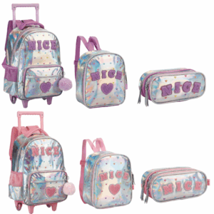 Kit Mochila de Rodinhas/ Lancheira/ Estojo Nice Holográfica 26- Fênix