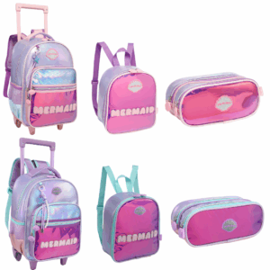 Kit Mochila de Rodinhas/ Lancheira/ Estojo Mermaid Holográfica 26- Fênix