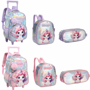 Kit Mochila de Rodinhas/ Lancheira/ Estojo Unicórnio 26- Fênix