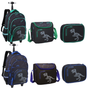 Kit Mochila/Lancheira/Estojo com Garrafa Dinossauro Cores- Nova Rio